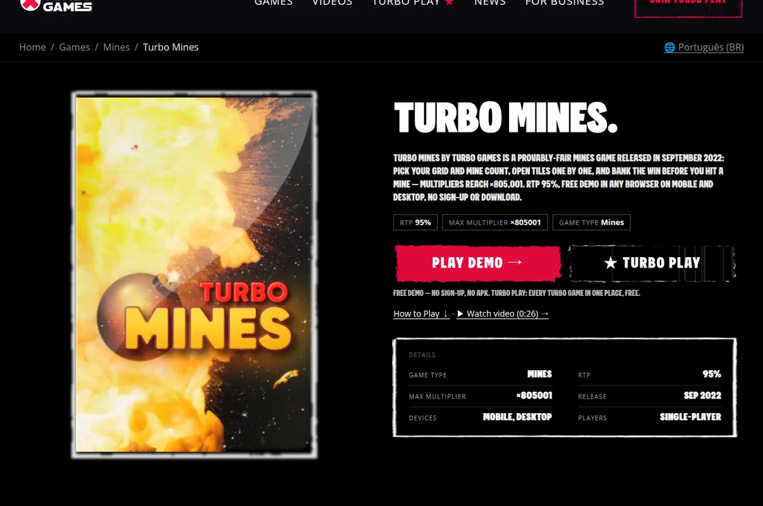Turbo Games公式サイトのTurbo Minesのページ（RTP95%・最大倍率805,001倍・2022年9月リリース）