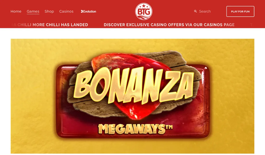 Big Time Gaming公式サイトのボナンザ・メガウェイズ（Bonanza Megaways）のゲームページ