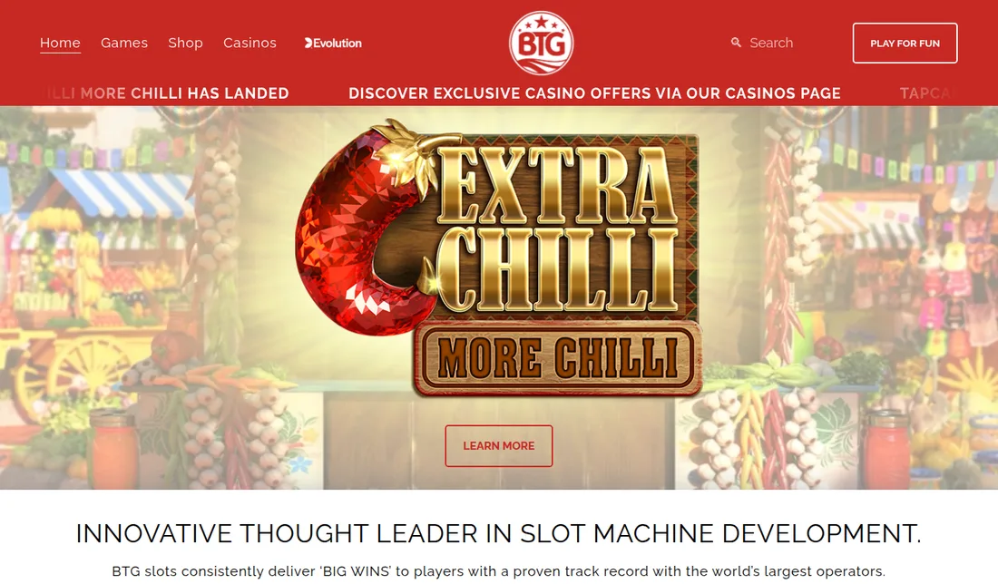 Big Time Gaming公式サイトのトップページ