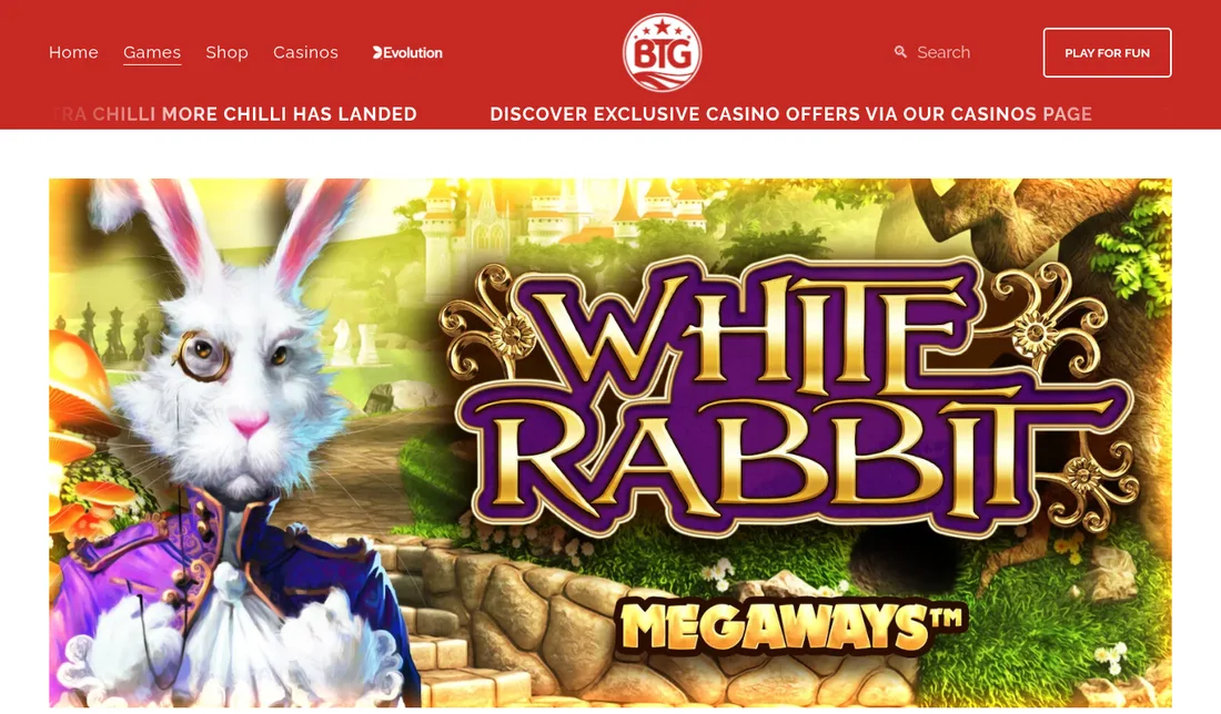 Big Time Gaming公式サイトのホワイトラビット・メガウェイズ（White Rabbit Megaways）のゲームページ