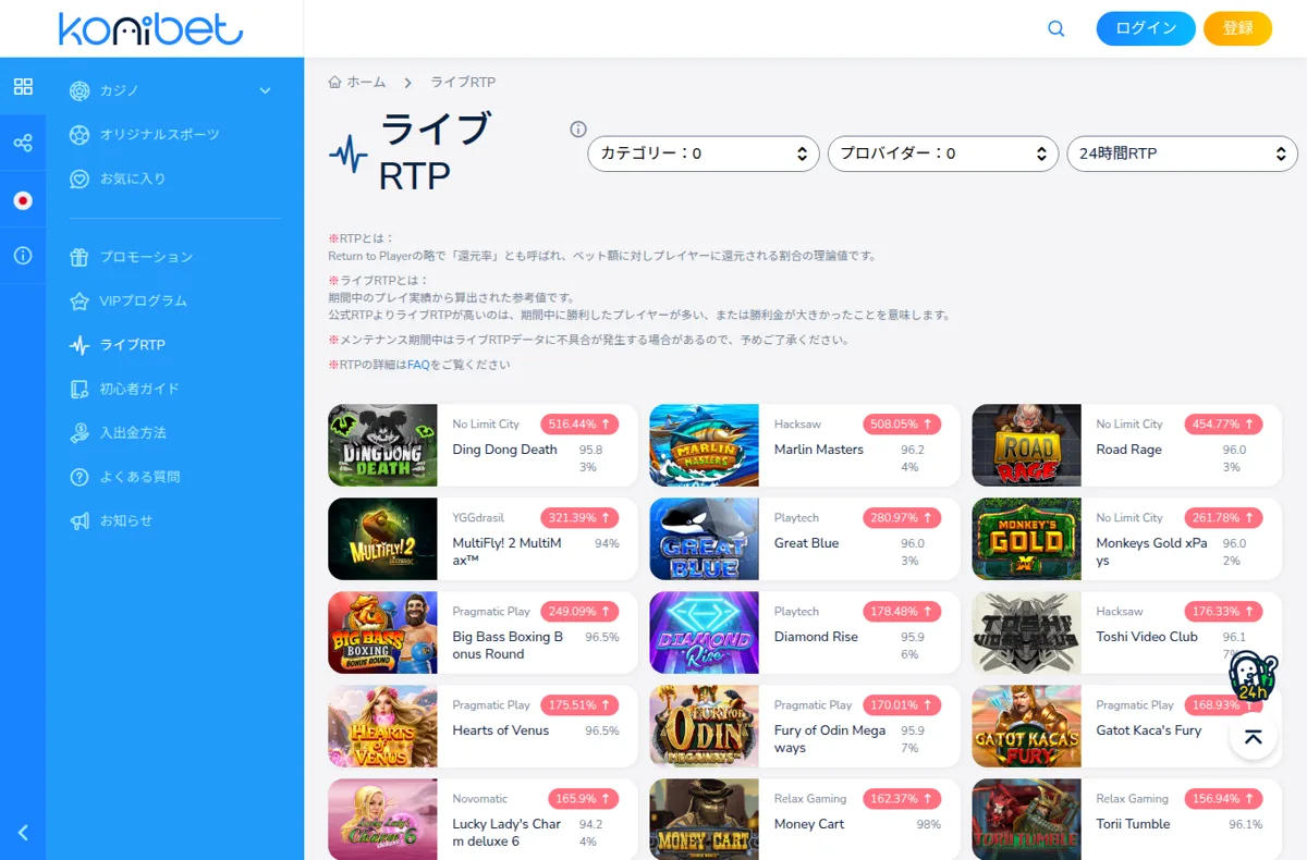 コニベットの「ライブRTP」ページ