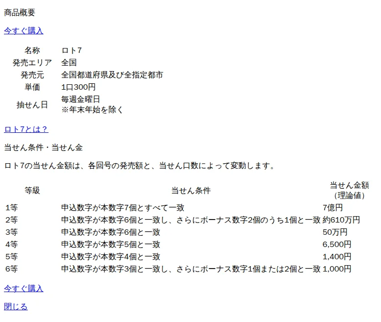 宝くじ公式サイトの商品概要：ロト7の当せん条件と当せん金額（理論値）