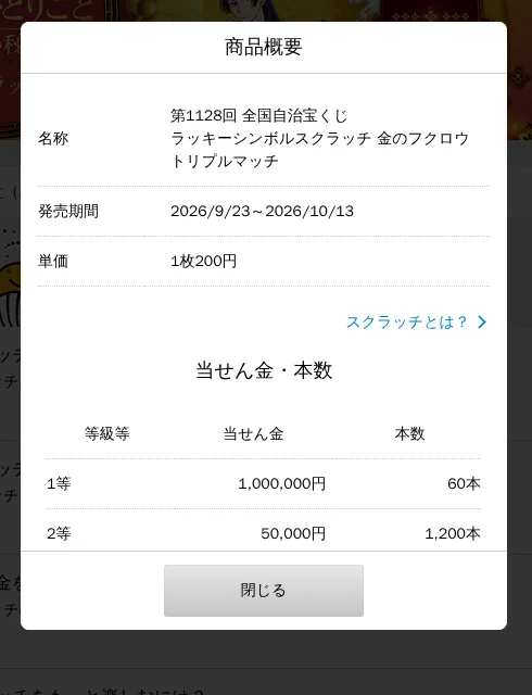 宝くじ公式サイトの商品概要画面:第1128回 金のフクロウ トリプルマッチ(1等100万円・60本)