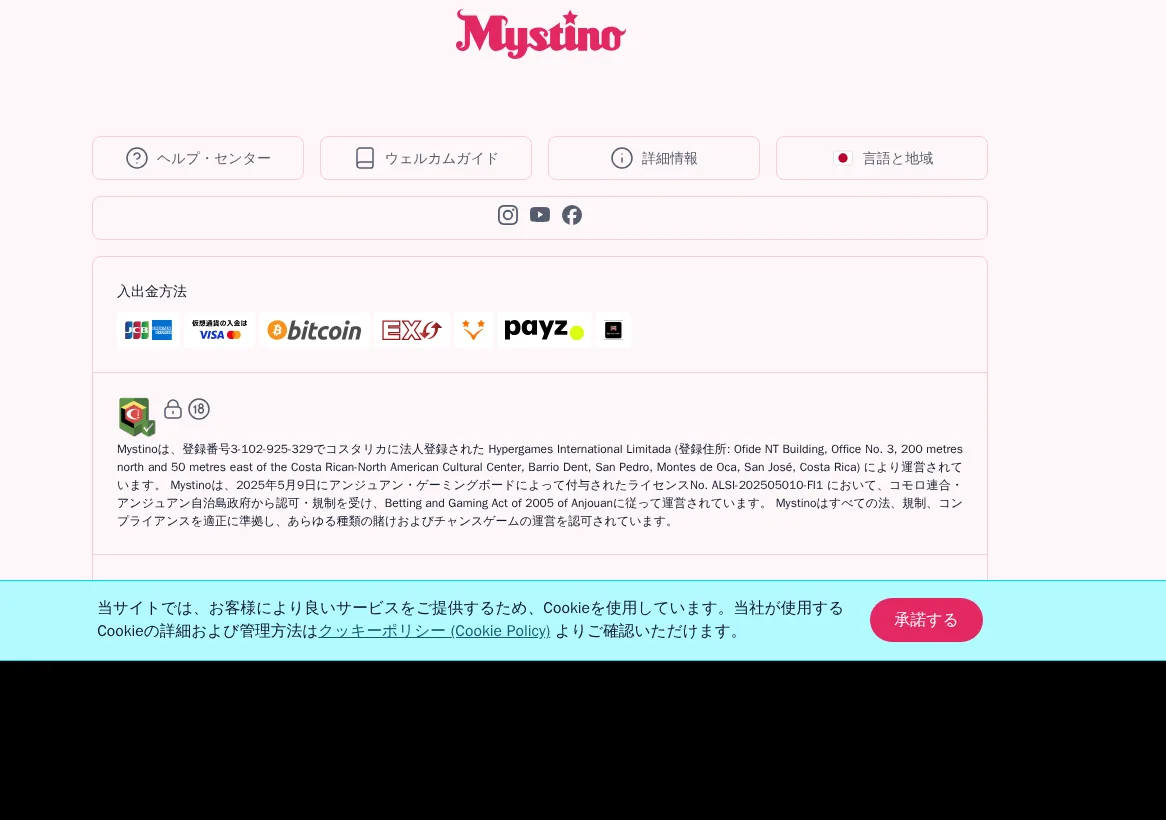 ミスティーノ公式サイト下部の入出金方法