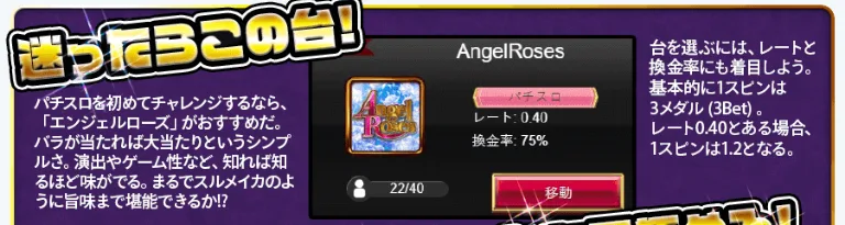 Machine card in the Vera&John Pachinko Hall: Angel Roses, rate 0.40, exchange rate 75%