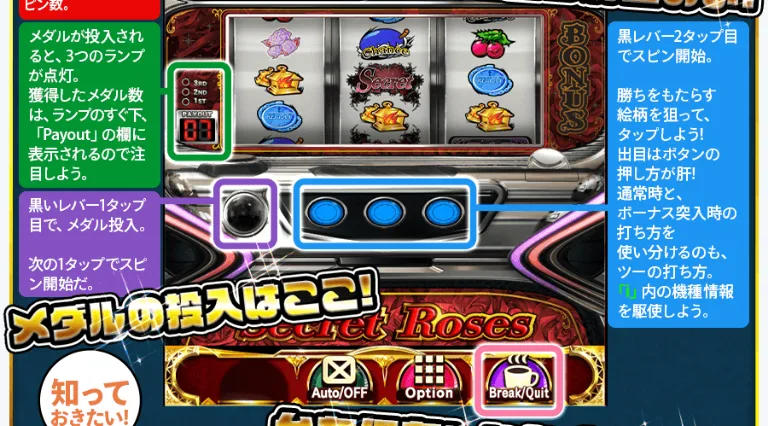 Pachislot machine in the Vera&John Pachinko Hall: lever to bet medals, three stop buttons, Auto, Option and Break/Quit