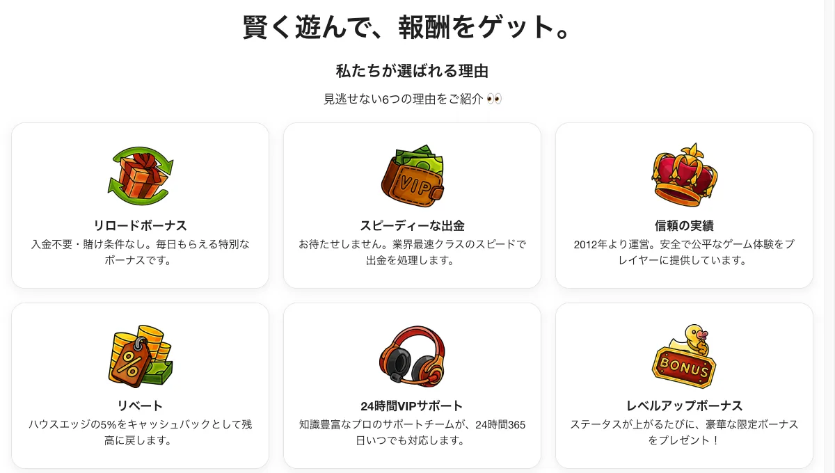 カジノエックスのステータスページ（リロードボーナス・リベートなど6つの特典）