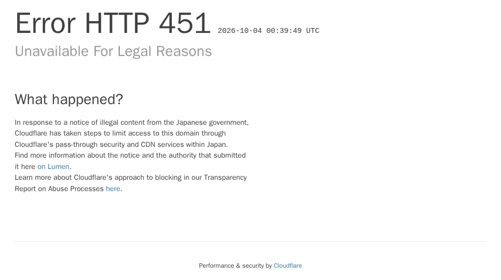 sportsbet.ioを日本から開いたときのError HTTP 451（Unavailable For Legal Reasons）の画面
