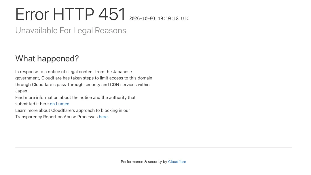 stake.comを日本のIPで開いたときのHTTP 451の画面