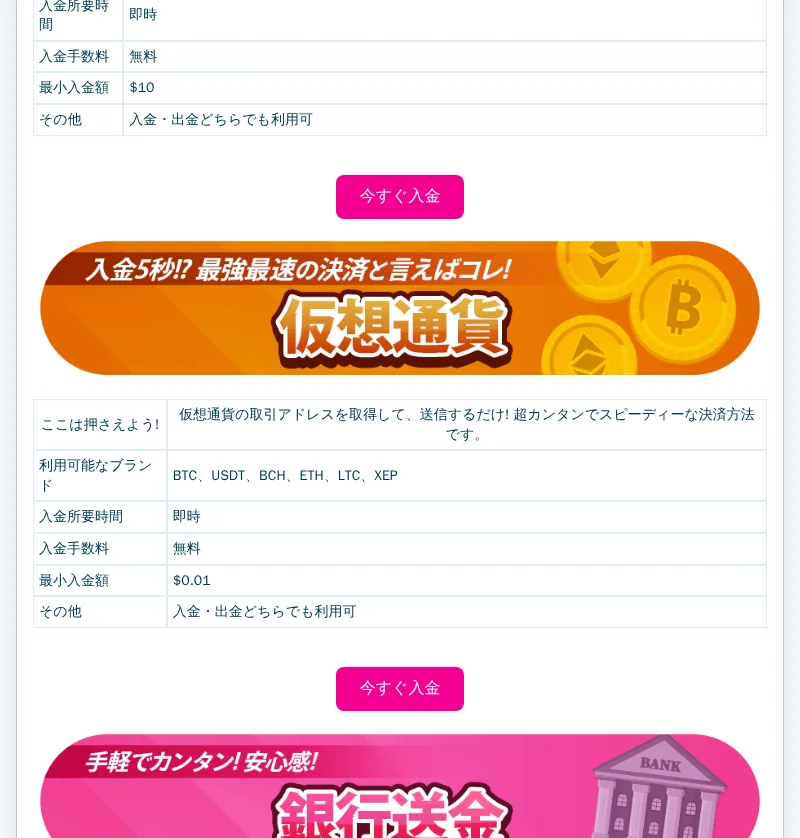 ベラジョン公式「決済完全ガイド」の電子マネー欄と仮想通貨欄(Jetonbank・Vega Wallet・Payz、BTC・USDTなど)